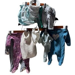 Newborn baby girl 12 piece bundle  pajama, onesie, bibs and hat size newborn